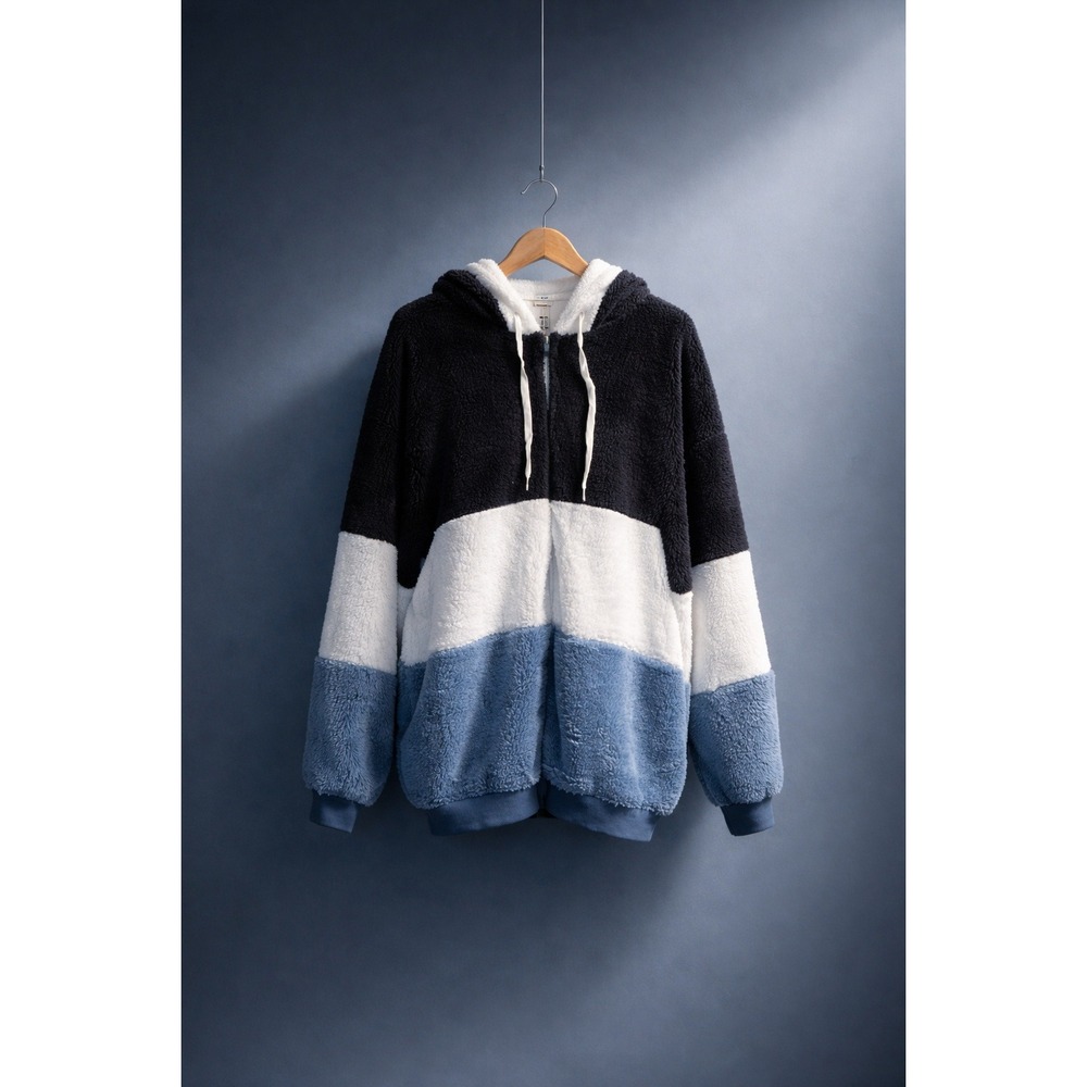 Colorblock Sherpa Fleece Full Zip Hoodie Black White Blue XXL Cotton